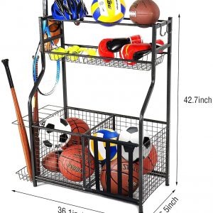 Q-Claw Sports Equipment Storage for Garage, Indoor/Outdoor Sports Rack for Garage, Ball Storage Garage Organizer with Basket and Hooks,Toy/Sports Gear Storage (Black)