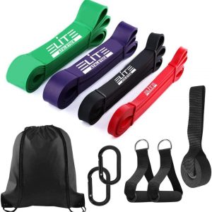 Set of 4 Pull Up Assist Bands – Exercise Resistance Bands with Foam Handles, Door Anchor, Large Carabiner and Drawstring Carry Bag for Body Stretching, Powerlifting, Fitness Training