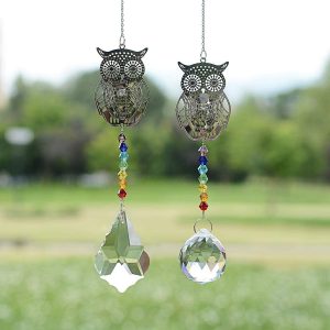 Crystal Suncatcher Chakra Colors Beads Owl Window Hanging Ornament Rainbow Suncatcher,Pack of 2 for Christmas Day,Wedding,Window Decor