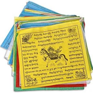 Maha Bodhi Tibetan Tranquil Prayer Flags – 12×12 Inches Wind Horse and Kalachakra Lungta New Set of Colors Flag- Pack of 25