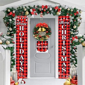 Dlala 3 Pieces Christmas Plaid Porch Sign Merry Christmas Banner Happy Holidays Banner Welcome Banner Front Door Hanging Sign for Christmas Home Wall Indoor Outdoor Decoration