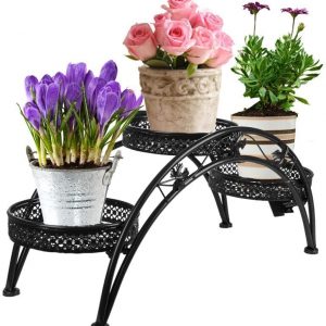 Dazone Wrought Iron Pot Plant Stand for Three Plants Indoor or Outdoor Garden Patio Decor Arch Design Black