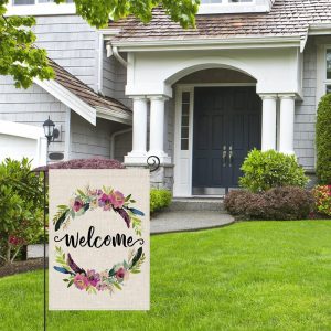 PARTY BUZZ Spring Summer Floral Welcome Garden Flag Wildflower Wreath (12×18, Double Sided, Burlap) Small Mini Rustic Decorative Flag Yard Lawn Outside Outdoor Decor