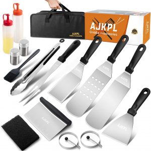 AJKPL Griddle Accessories Kit, Flat Top Grill Accessories with Long Spatula, Bench Scraper, Meat Fork, Tongs, Bottle, Egg Ring for Blackstone, Grill Accessories Set for Men Outdoor BBQ and Camp Chef
