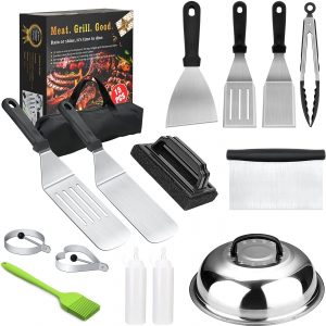 HTECHY ABC-FOEDS Grilling Accessories, 15PCS Flat Top Griddle Accessories Kit with Spatula,Basting Cover,Scraper,Bottle,Tongs,Egg Rings&Carry Bag, BBQ Accessories Grill for Men Women Outdoor Camping