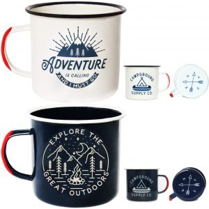 Adventure Enamel Camping Mug – 2 Pack LARGE 16oz of Love, Morning Coffee Mug – (455ml) Tin Cup Campfire Mug For Outdoors, Breakfast Wanderlust Travel Cup For The Happy Camper!