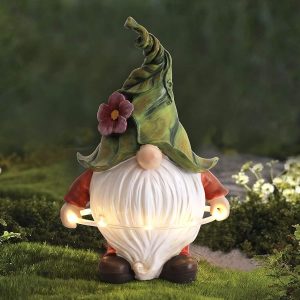 Garden Gnome Statue – Resin Gnome Figurine Playing Hoop with Solar LED Lights, Outdoor Fall Decorations for Patio Yard Lawn Porch, Ornament Gift