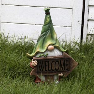 Garden Gnome Statue – Resin Gnome Figurine Holding Welcome Sign with Solar LED Lights, Outdoor Fall Decorations for Patio Yard Lawn Porch, Ornament Gift