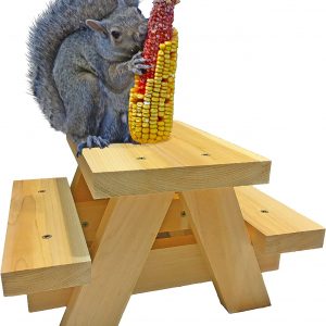 Large Squirrel Picnic Table Feeder – Cedar Squirrel Feeders for Outside Trees, Deck, Fence – Funny Corn Cob Holders, Novelty Hanging Mini Picnic Table for Squirrels, Fun Wooden Chipmunk Bench Platform