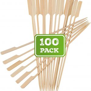 BAMBOOSUMO 10″ Bamboo Shish Kabob skewers for Grilling | Extra Long | Flat Wood Skewer Shape w/Flag Paddle Handle