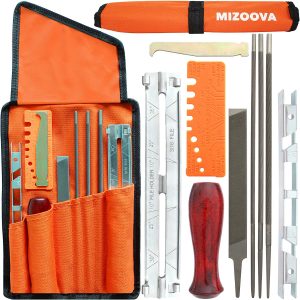 MIZOOVA 10 Piece Chainsaw Sharpener File Kit with 5/32 3/16 7/32 Round Files, 6 Inch Flat File, Depth Gauge, Filing Guide Holder, Hardwood Handle