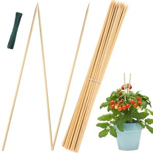 50 Pack 15.8 inch Bamboo Plant Stakes,Plant Sticks Support,Floral Plant Support Wooden,Indoor Gardening Plant Supports,Wooden Sign Posting Garden Sticks,with 4″ Wires (100 pcs)